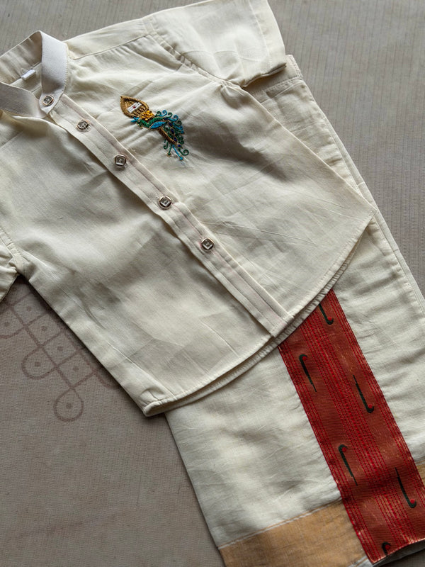Velum Mayilum Hand-Embroidered Boys Temple Shirt & Dhoti Set — South Indian Traditional Ethnic Wear Onam Edit