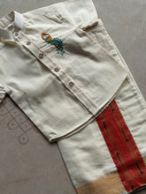 Velum Mayilum Hand-Embroidered Boys Temple Shirt & Dhoti Set — South Indian Traditional Ethnic Wear Onam Edit