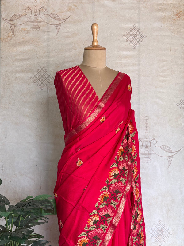 Sadhna - Pure Chiffon Cross Stitch Saree with Floral Embroidered Border & Zari Pallu