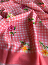 Pure Mangalgiri Silk Peach Gingham Checks Saree with Floral Digital Prints