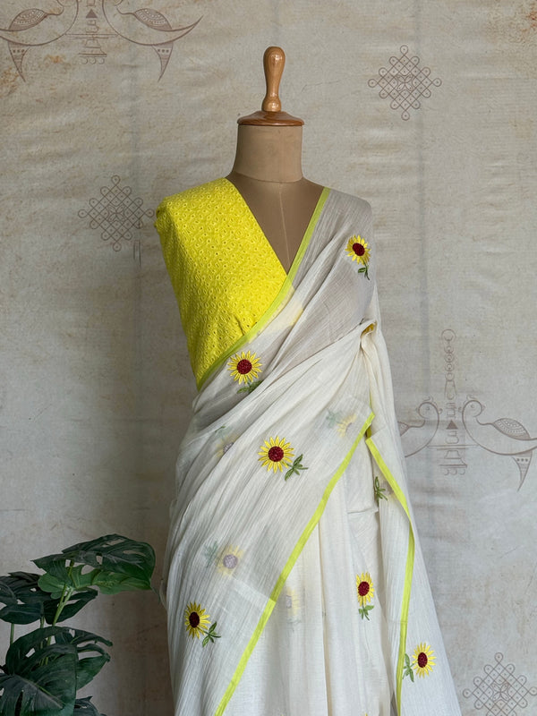 Mul Cotton Saree – Half White with Yellow Floral Embroidery & Contrast Border - Onam Edit