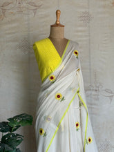 Mul Cotton Saree – Half White with Yellow Floral Embroidery & Contrast Border