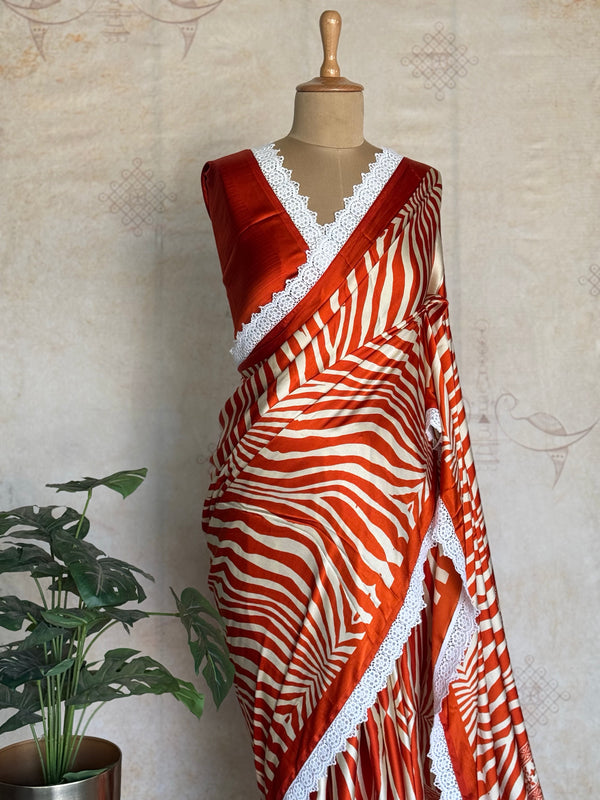 Modal Zebra Print Saree with Hakoba Lace Border