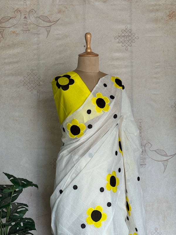 Pure Cotton Appliqué Floral Saree – White & Sunshine Yellow