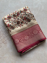 Banarasi Zari Striped Saree with Kalamkari Border & Matching Butta Blouse