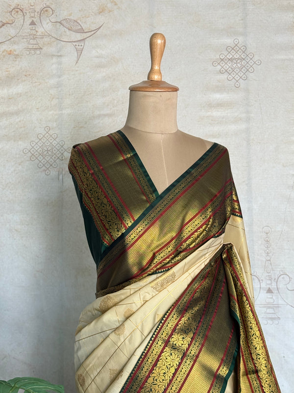 Semi Kanchi Silk Saree – Off-White Kanchi Zari Border