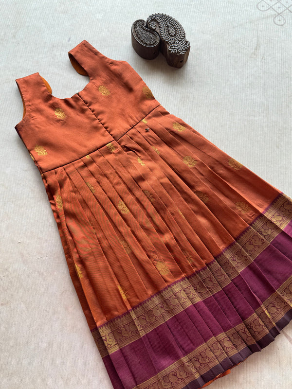 Ziva - Kids Vegan Silk Long Dress – Burnt Orange & Purple with Zari Buttas