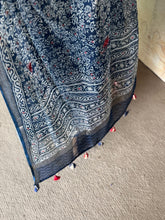 Indigo Kota Cotton Saree with Embroidered Floral Details