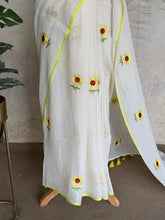 Mul Cotton Saree – Half White with Yellow Floral Embroidery & Contrast Border