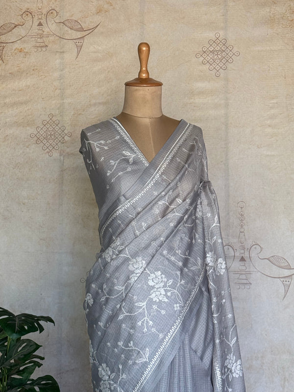 Kayal - Ash Embroidered Pure Kota Silk Saree