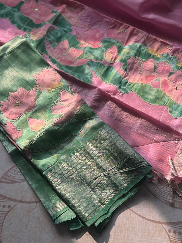 Mangalgiri Silk Unstitched Applique Kurta + Dupatta