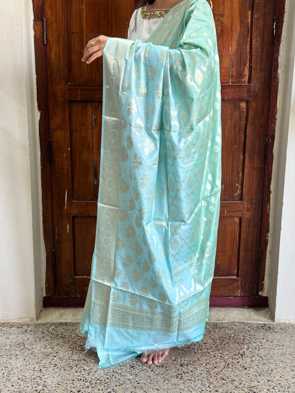 Banarasi Ombre Silk Dupatta in Aqua Blue with Zari Buttas and Jaal Weaving