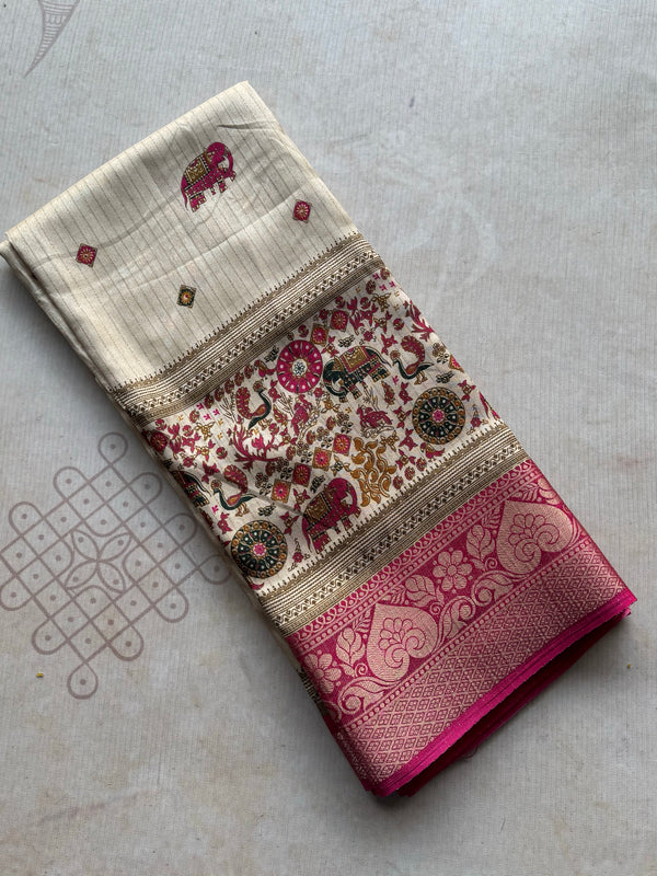 Banarasi Zari Striped Saree with Kalamkari Border & Matching Butta Blouse