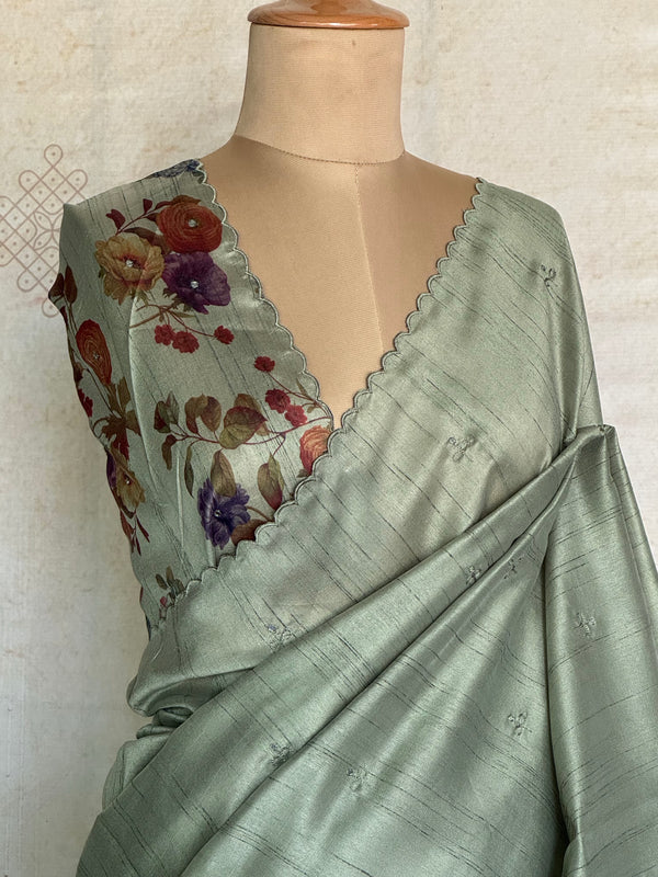 Vasiga - Sage Bloom Tussar Saree with Floral Printed Blouse