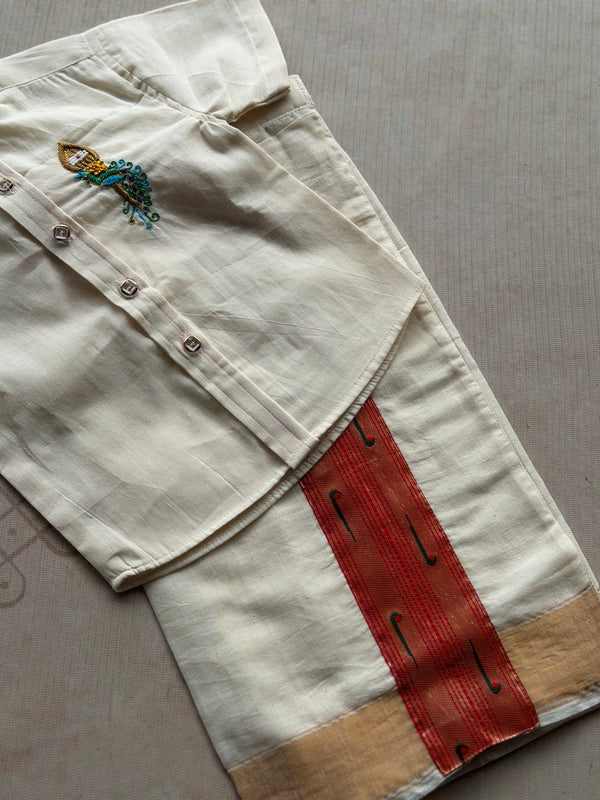 Velum Mayilum Hand-Embroidered Boys Temple Shirt & Dhoti Set — South Indian Traditional Ethnic Wear Onam Edit