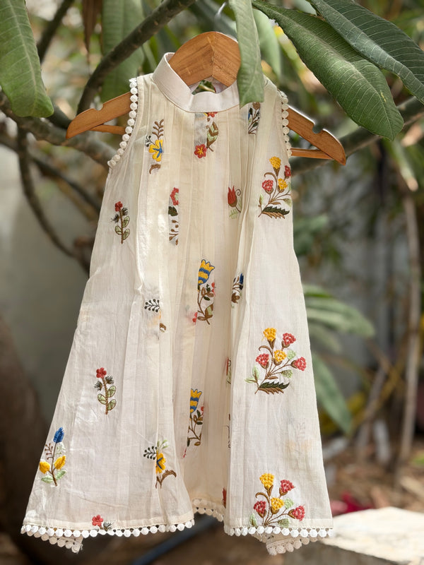 Pleated A line Floral Embroidered Dress - Yellow