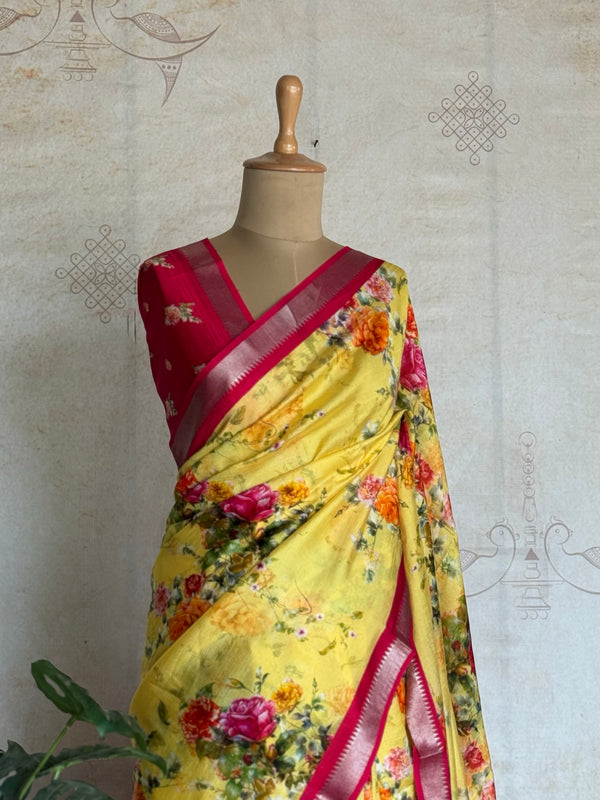 Digital Print Mangalgiri Silk Saree in Sunlit Yellow & Rani Pink