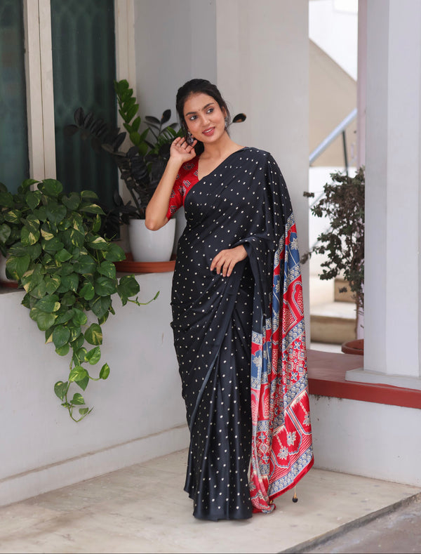 Black Modal Saree with Silver Buttas with Ajrakh Pallu