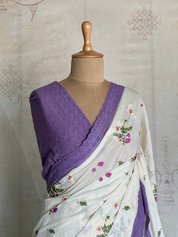 Varnika - Pure Cotton Multi Floral Embroidered Saree with Hakoba Lace - Onam Edit