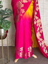 Advika Ombre Tussar Saree – Pink & Yellow Floral Zari