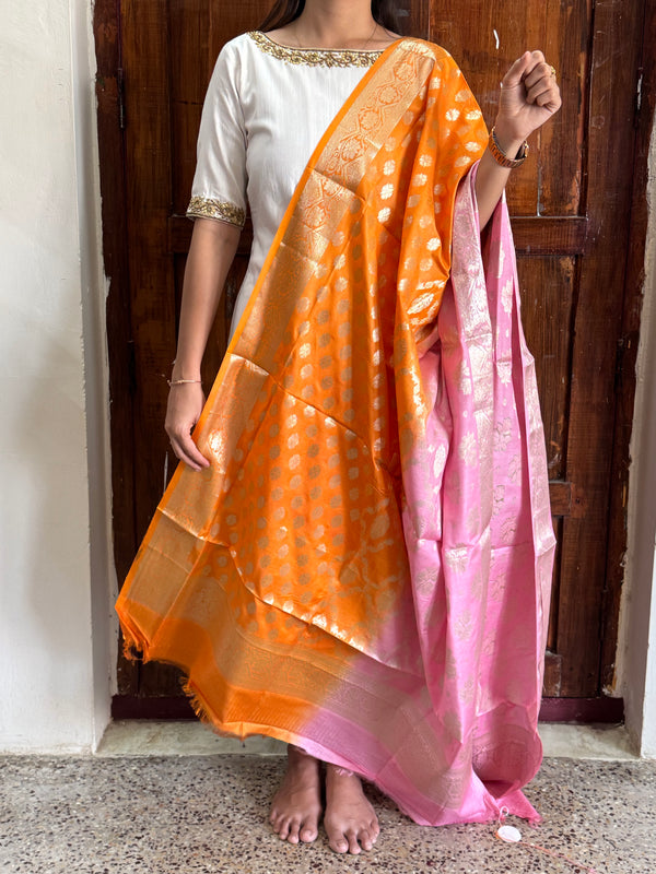 Banarasi Ombre Silk Dupatta in Orange & Pink with Zari Buttas and Jaal Weaving