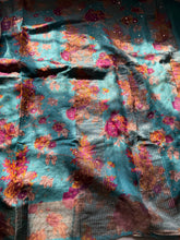 Teal Blue Digital Print Tussar Silk Saree with Floral Prints & Subtle Mirror Highlights
