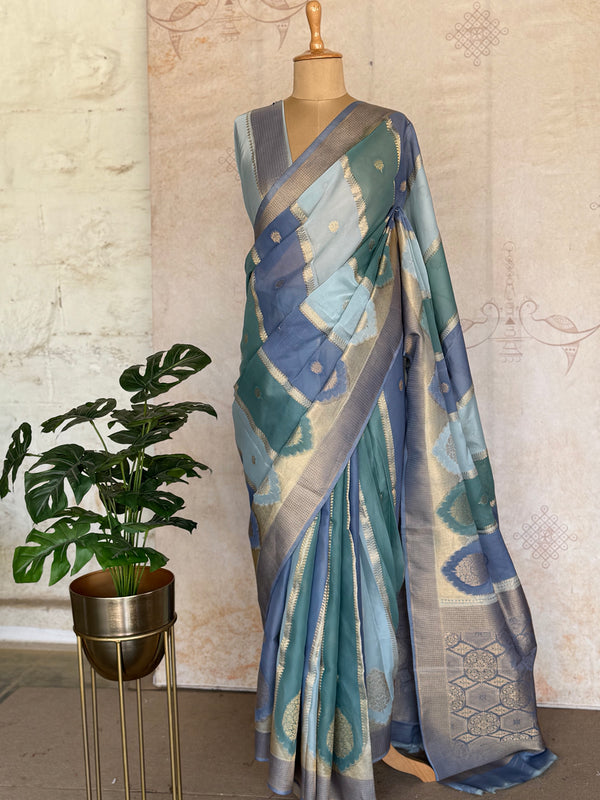 Ishara Mashru Silk Saree - Teal & Powder Blue with Zari Panels