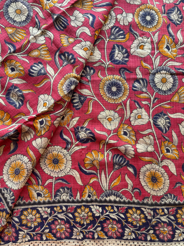 Kota Cotton Kalamkari Printed Saree with Floral Body & Elephant Pallu