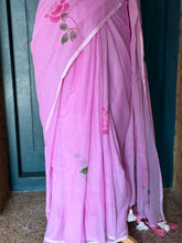 Blush Pink Mul Cotton Hand-Painted Saree with Rose Motifs
