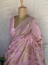 Kota silk Saree with Gold Floral Appliqué Border | Handcrafted Appliqué Work Saree