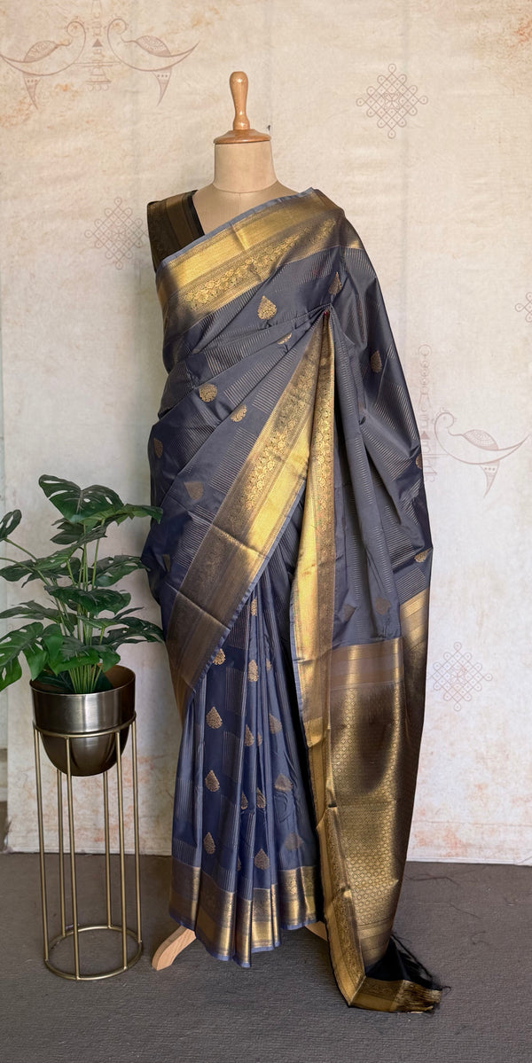 Midnight Blue Semi Kanchi Silk Saree with Gold Zari Buttas