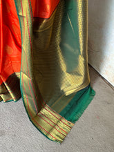 Semi Kanchi Silk Saree – Orange with Green & Gold Zari Border