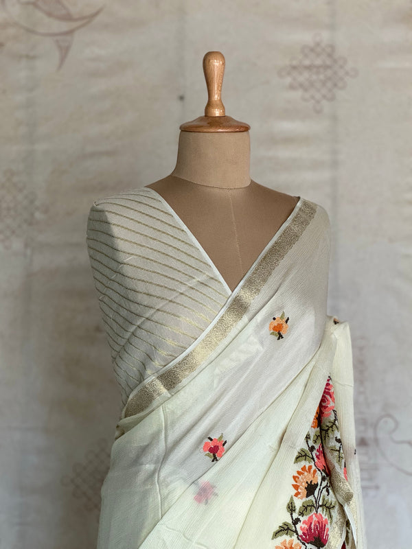 Sadhna - Pure Chiffon Cross Stitch Saree with Floral Embroidered Border & Zari Pallu