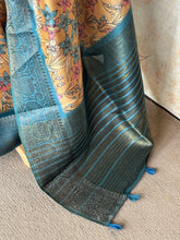 Chandini - Kalamkari Antique Zari Border Saree – Mustard Gold & Peacock Blue