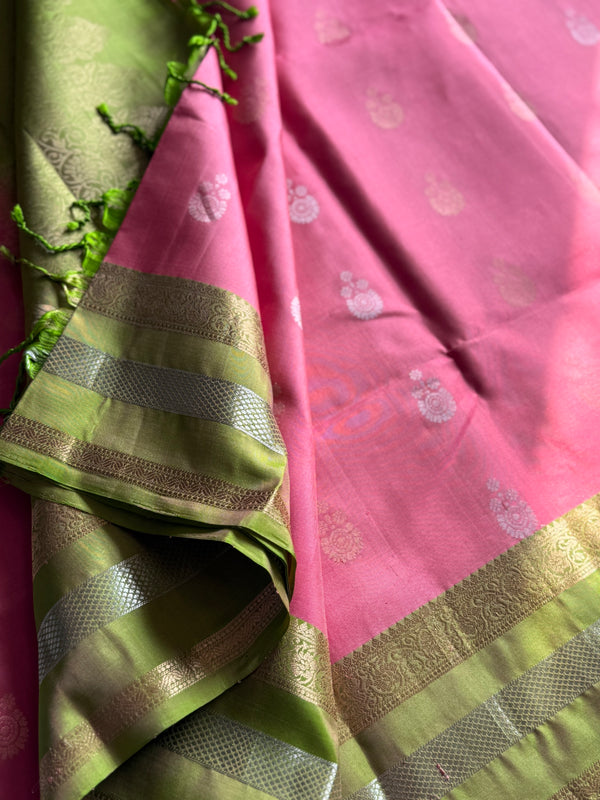 Pure Kanjivaram Soft Silk Saree with Paisley Zari Buttas & Kanchi Border – Vintage Edition
