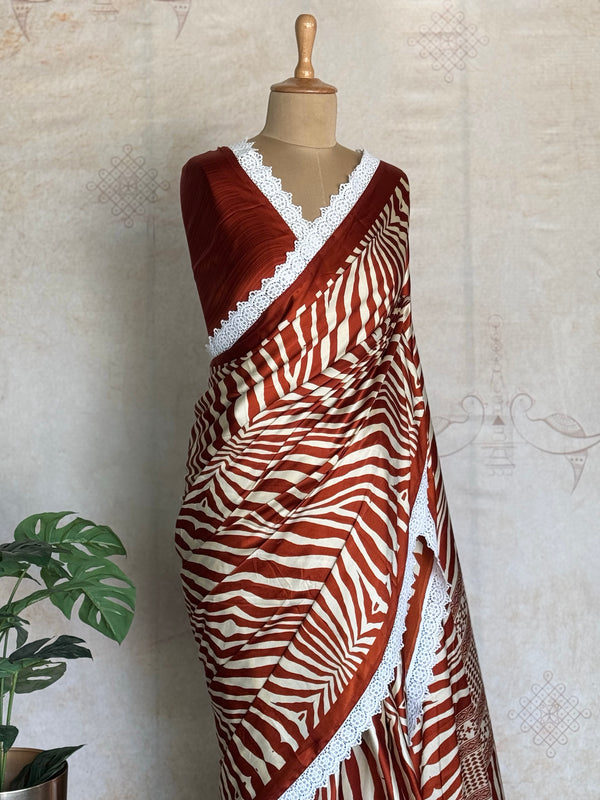 Modal Zebra Print Saree with Hakoba Lace Border