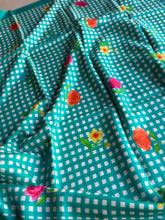 Pure Mangalgiri Silk Aqua Blue Gingham Checks Saree with Floral Digital Prints