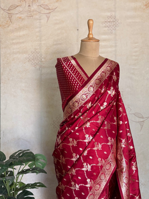 Yamini - Pure Banarasi Mushru Saree With Jaal Weaving