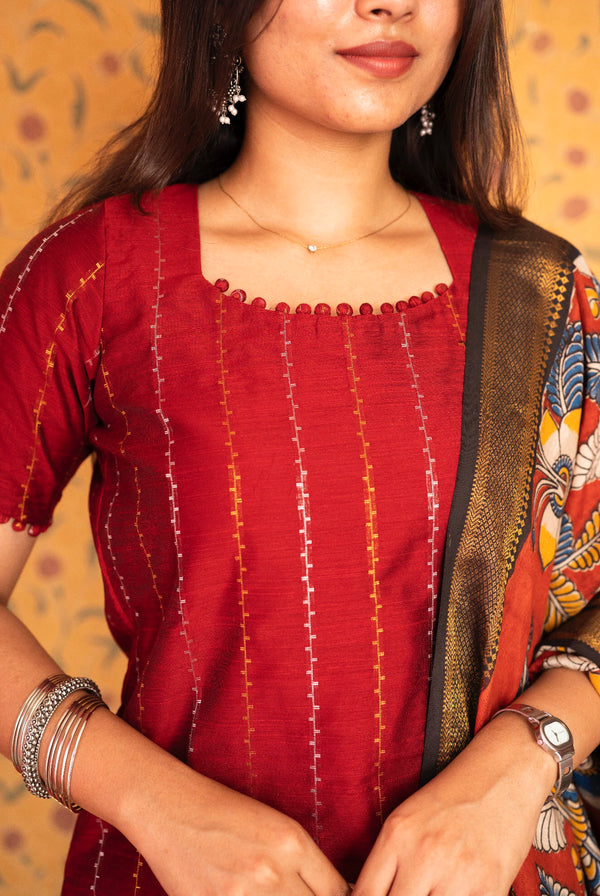 Dwaraka - Raw Silk 3-Piece Suit Set with Kalamkari Dupatta
