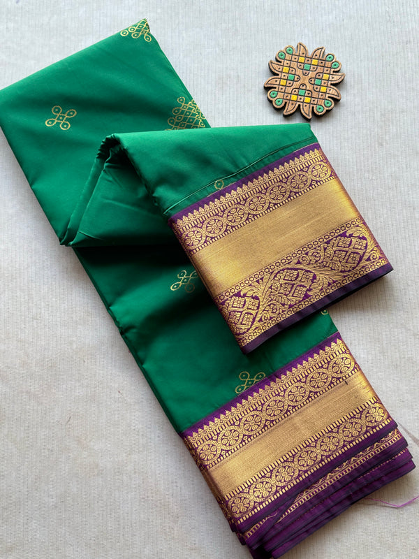 Emerald Green Semi Kanchi Silk Saree with Kolam Buttas & Contrast Magenta Pallu