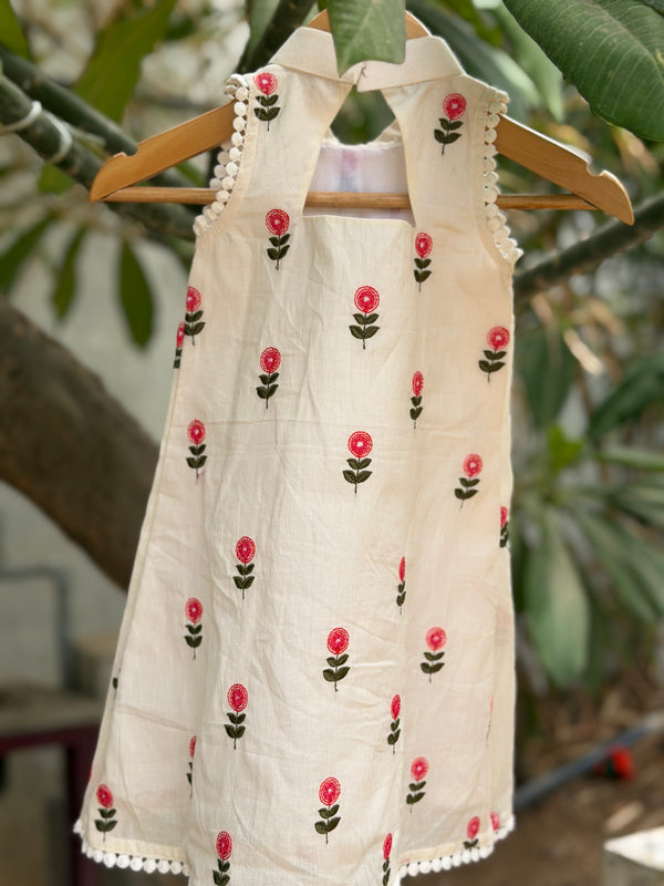 Pleated A line Floral Embroidered Dress - Red
