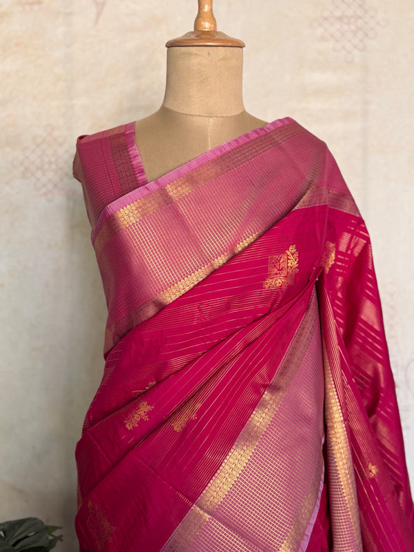 Rani Pink Semi Kanchi Silk Saree with Zari Pallu | Studio Virupa