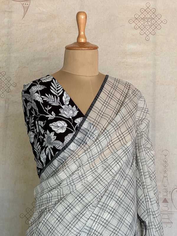 Nandita - Monochrome Checks Pure Cotton Saree with Contrast Floral Blouse