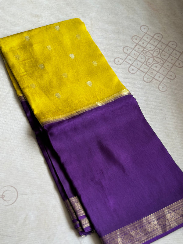 Mysore Crepe Silk Mubbagam Saree purple and yellow India