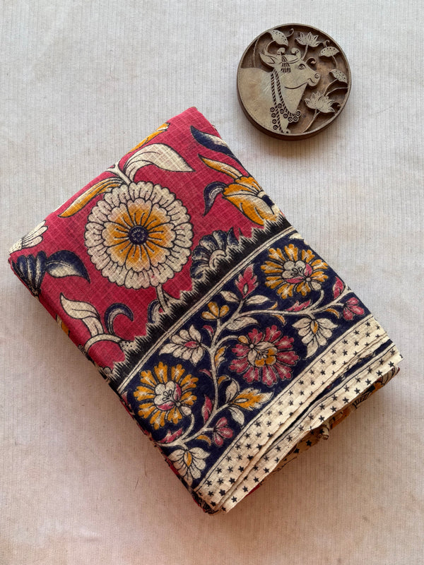 Kota Cotton Kalamkari Printed Saree with Floral Body & Elephant Pallu