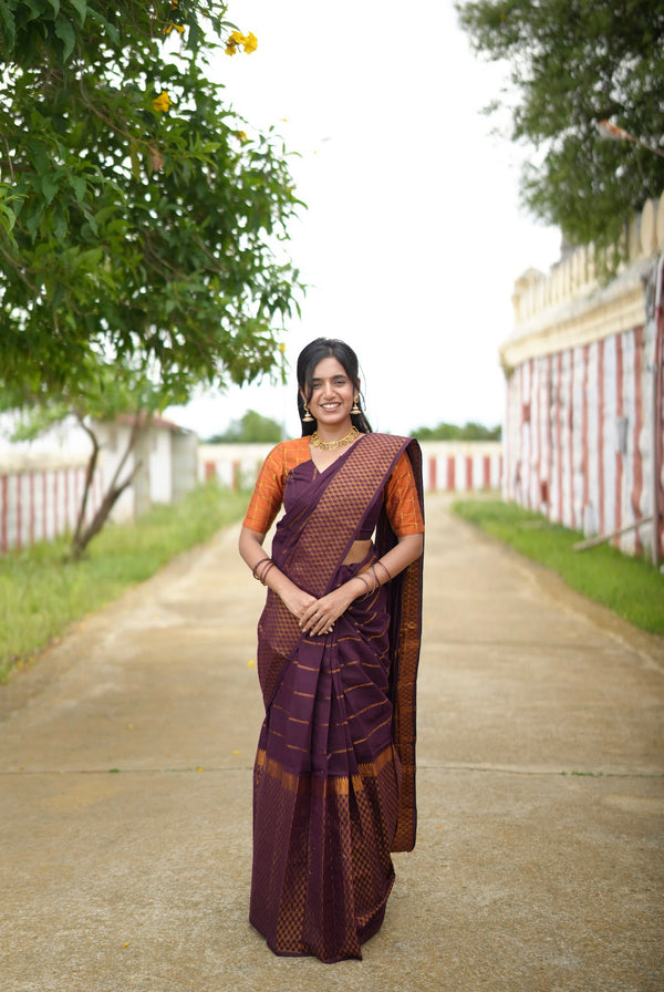 Gauri - Sungudi Cotton Saree Plum Purple with Orange Raw Silk Blouse