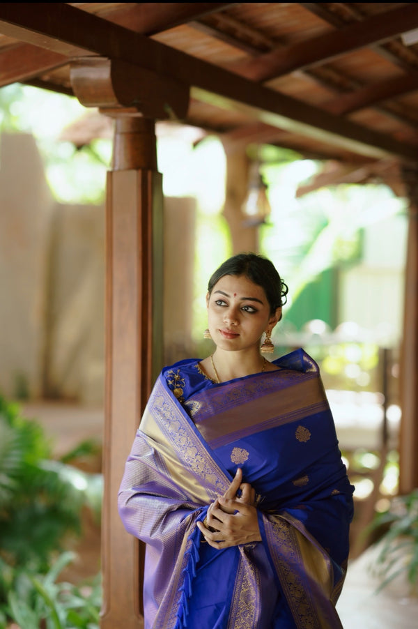 Semi Kanchi Silk Saree - M.S Blue with Golden Zari