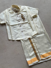 Velum Mayilum Hand-Embroidered Boys Ven Pattu Temple Shirt & Dhoti Set — South Indian Traditional Ethnic Wear