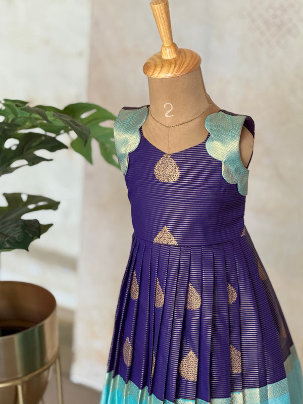 Ziva - Kids Vegan Silk Long Dress – Royal Purple & Aqua Blue with Zari Buttas