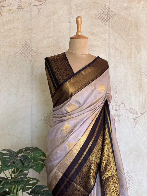 Semi Kanchi Silk Saree – Lavender & Navy with Gold Zari